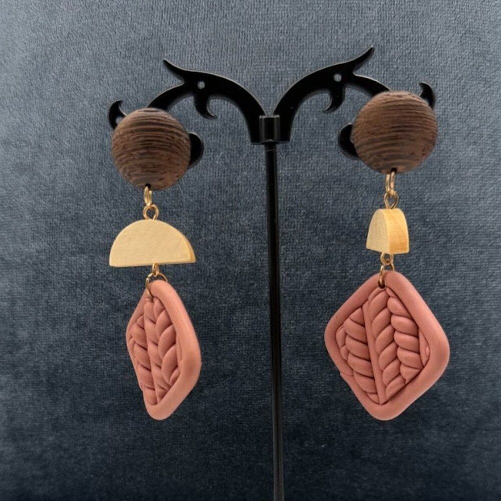 Dusty rose/mauve polymer clay wood earrings